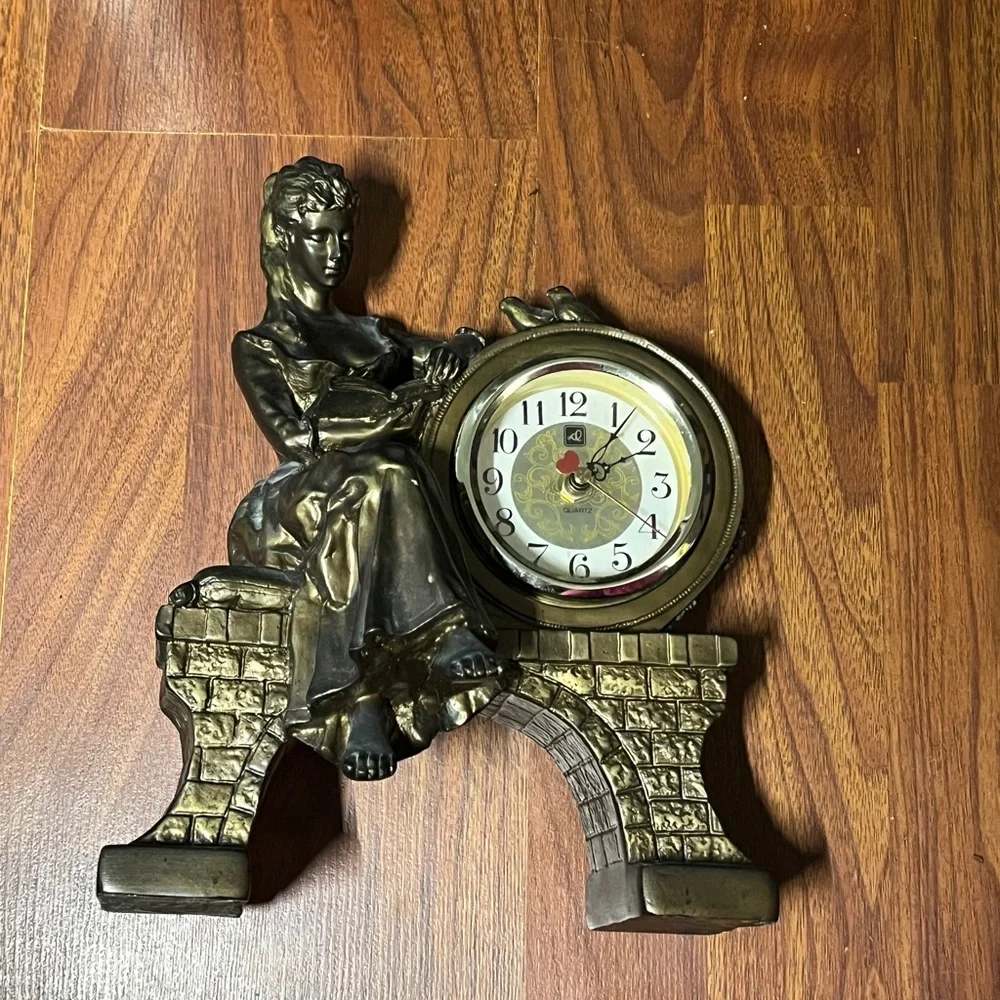 Vintage Victorian Lady Figural Clock Bronze Tone Mantel Decor Taiwan ‼️WORKS‼️